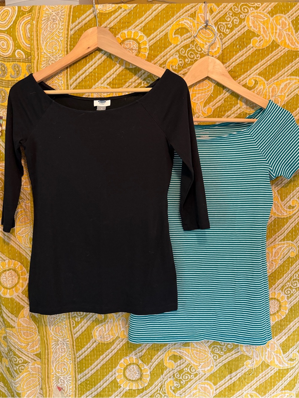 Old Navy Black Scoop Neck Top and Teal White Striped Tee